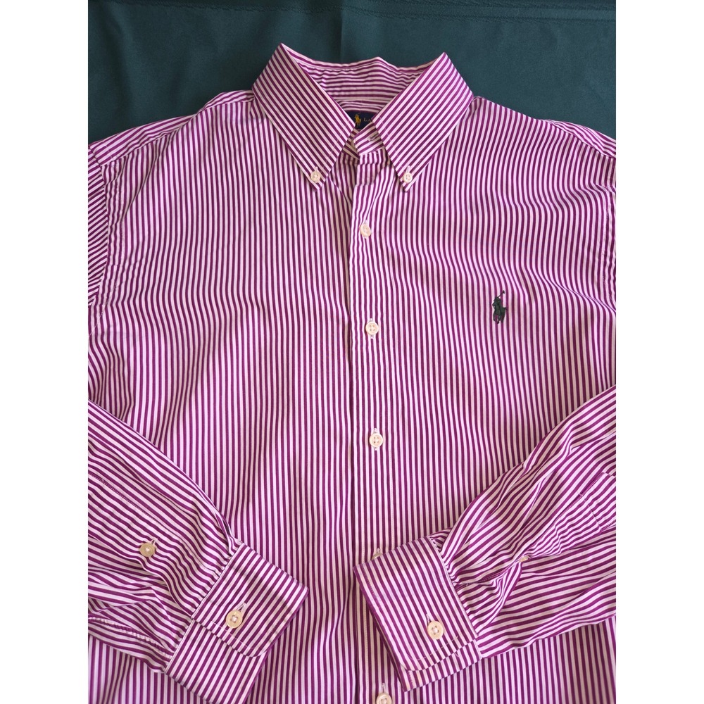 Polo Ralph Lauren Mens Large Purple White Striped Button Down Shirt Long Sleeve